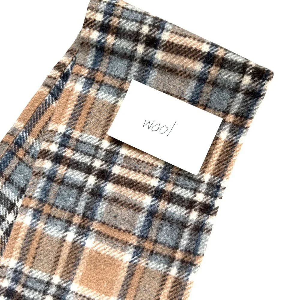Unisex Adult Wrap Scarf Wool Beige Grey Tartan Plaid Check Fringe Fall Winter